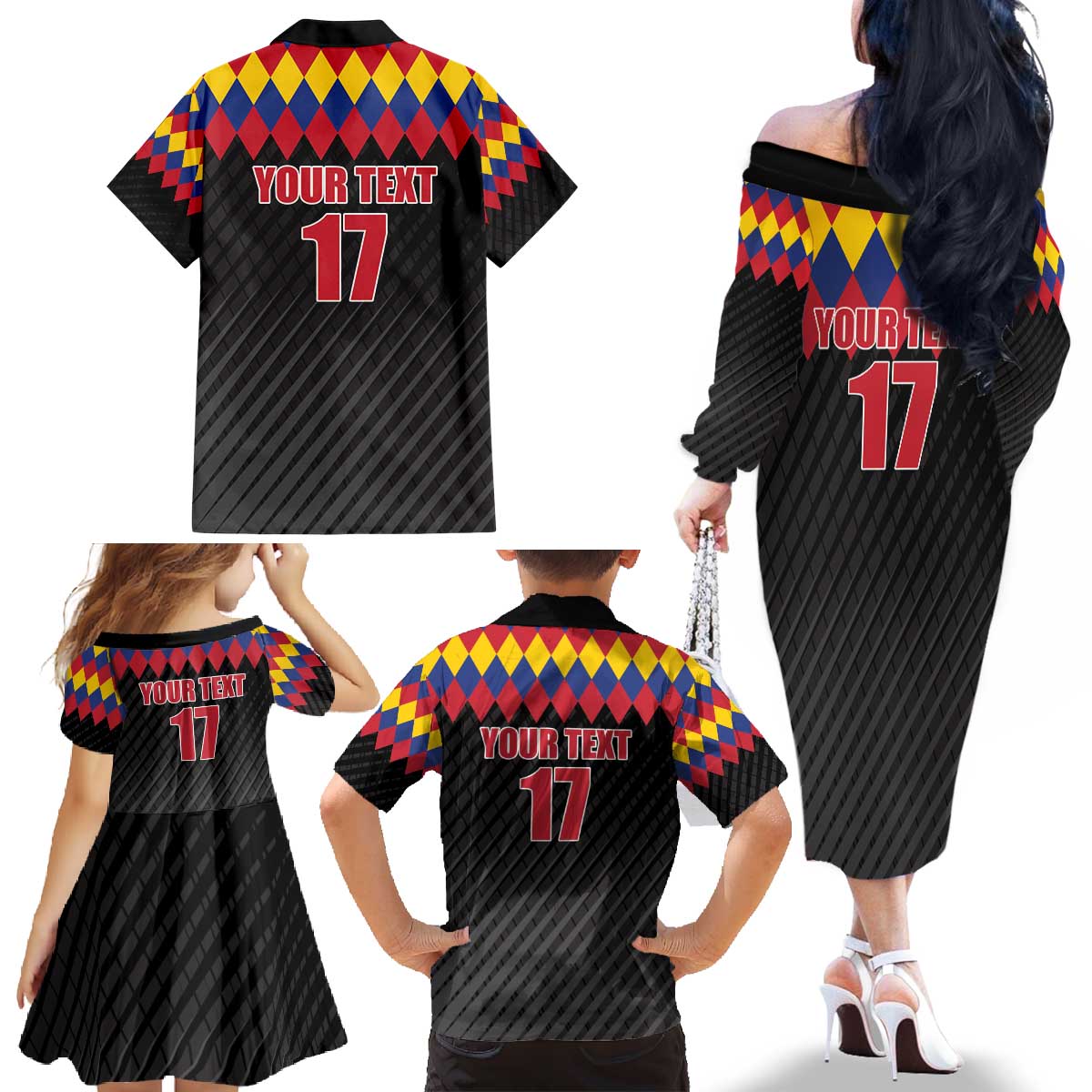 Custom Colombia Football Family Matching Off The Shoulder Long Sleeve Dress and Hawaiian Shirt Retro Black Style