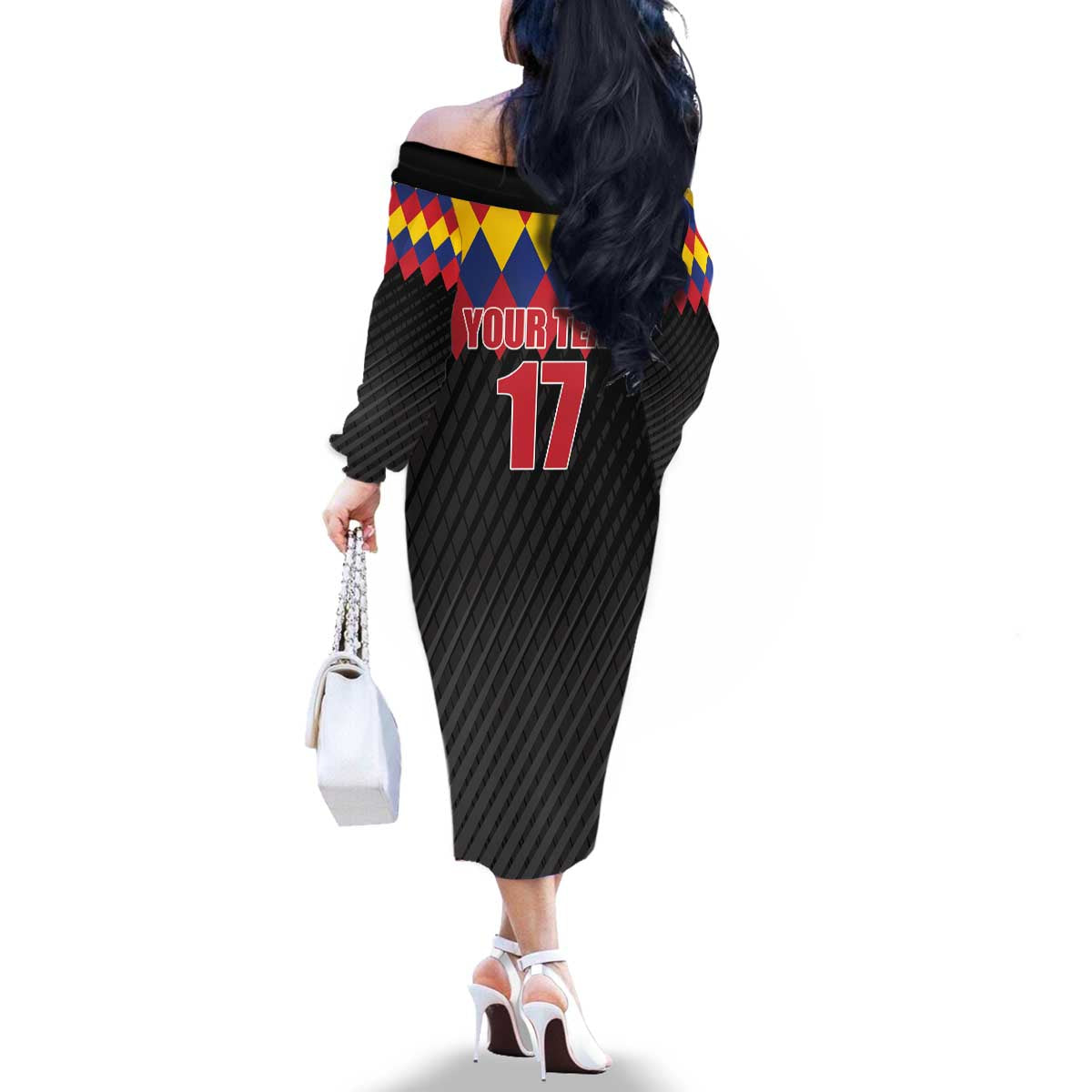 Custom Colombia Football Family Matching Off The Shoulder Long Sleeve Dress and Hawaiian Shirt Retro Black Style