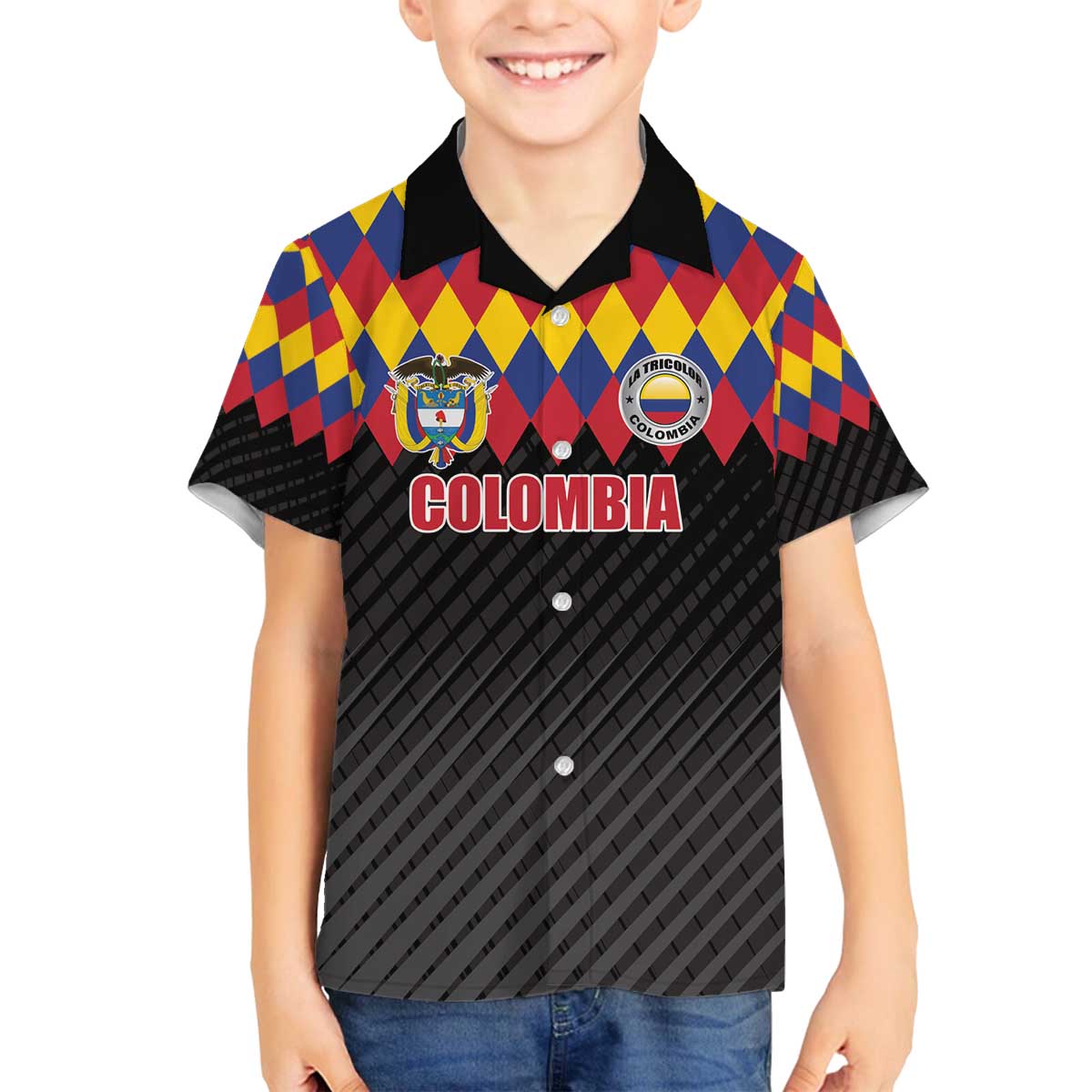 Custom Colombia Football Family Matching Off The Shoulder Long Sleeve Dress and Hawaiian Shirt Retro Black Style