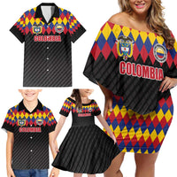 Custom Colombia Football Family Matching Off Shoulder Short Dress and Hawaiian Shirt Retro Black Style