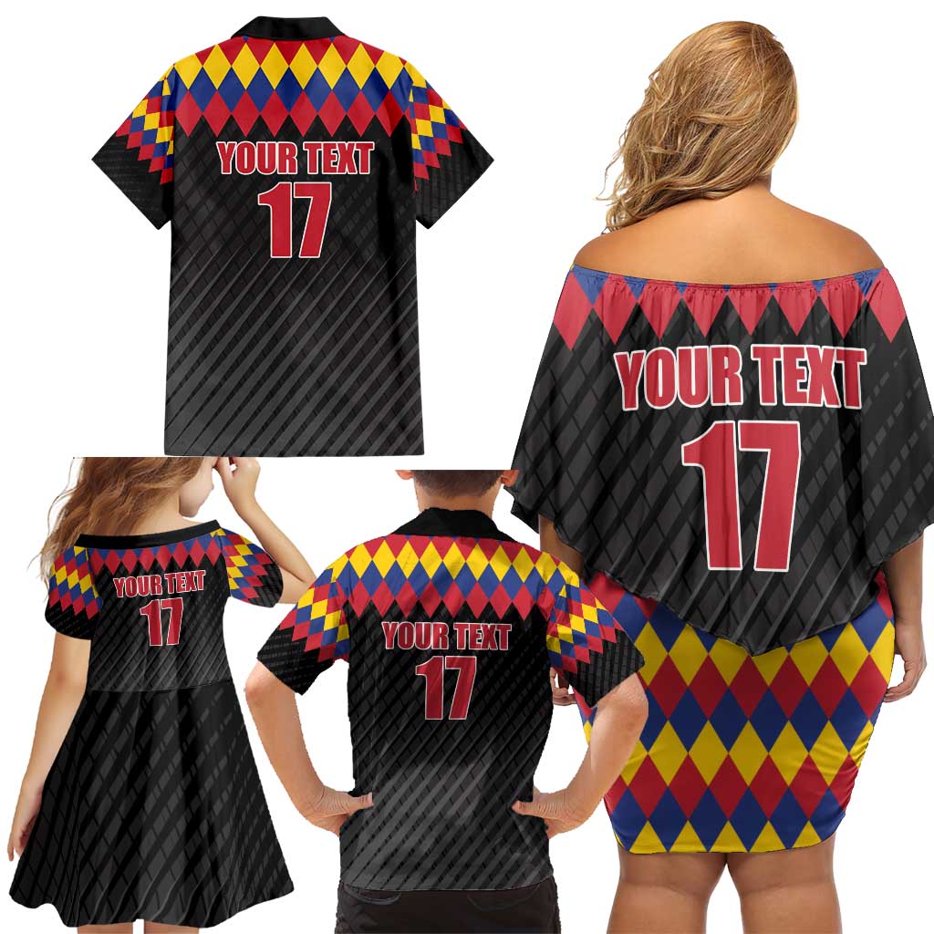 Custom Colombia Football Family Matching Off Shoulder Short Dress and Hawaiian Shirt Retro Black Style
