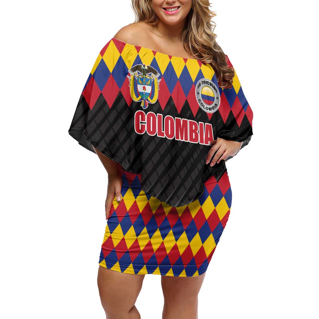 Custom Colombia Football Family Matching Off Shoulder Short Dress and Hawaiian Shirt Retro Black Style