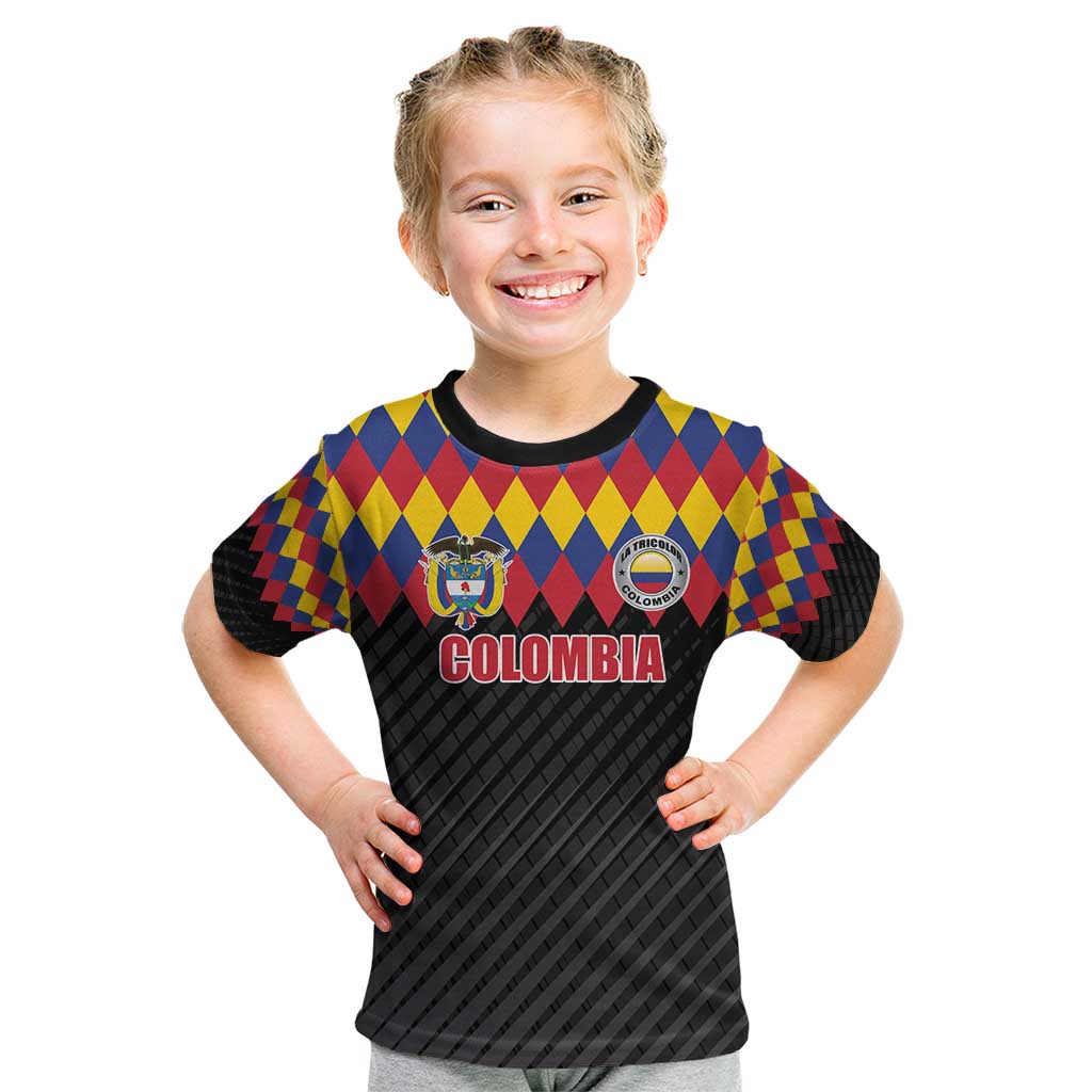 Custom Colombia Football Kid T Shirt Retro Black Style