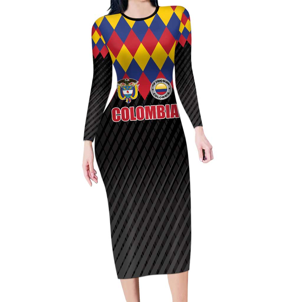 Custom Colombia Football Long Sleeve Bodycon Dress Retro Black Style