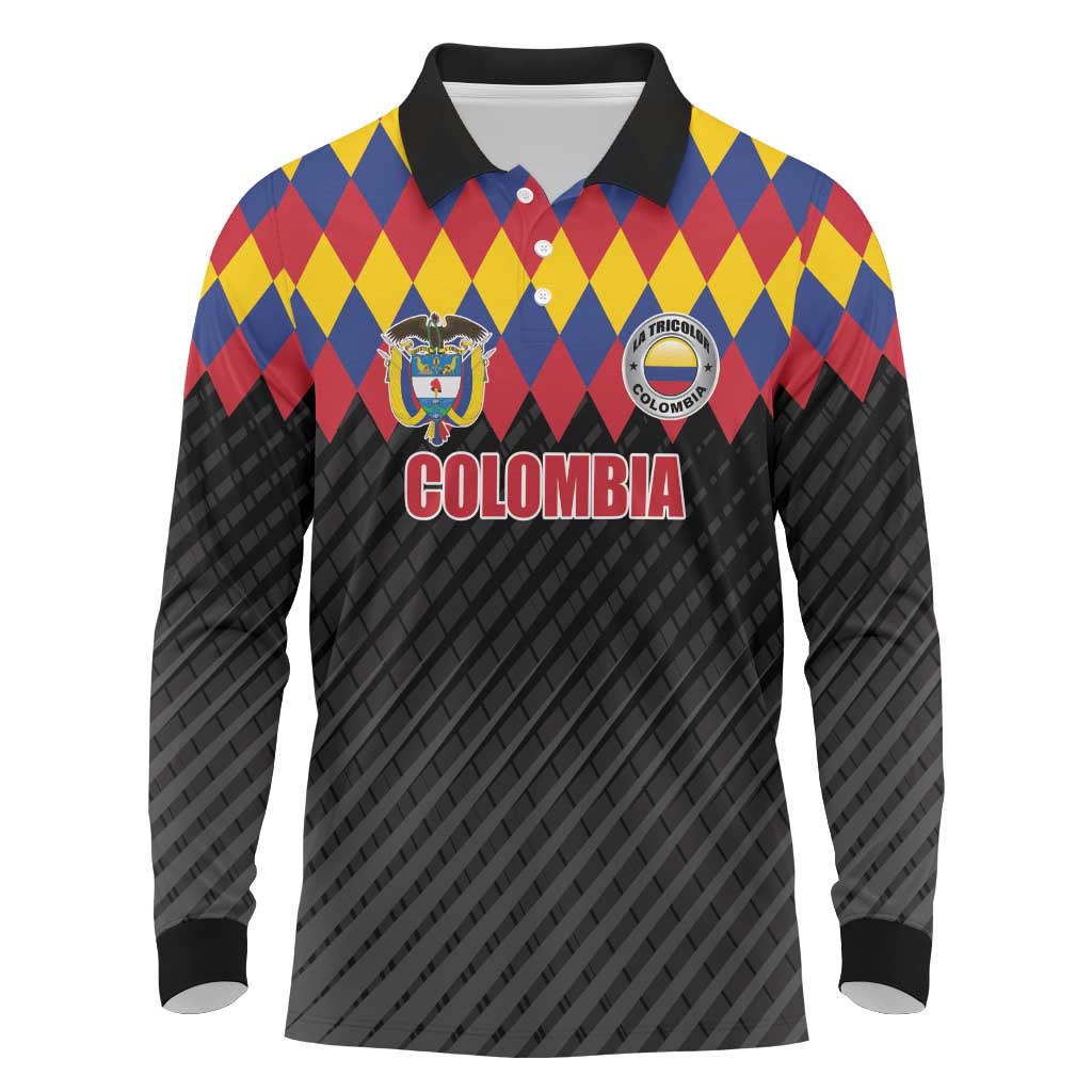 Custom Colombia Football Long Sleeve Polo Shirt Retro Black Style