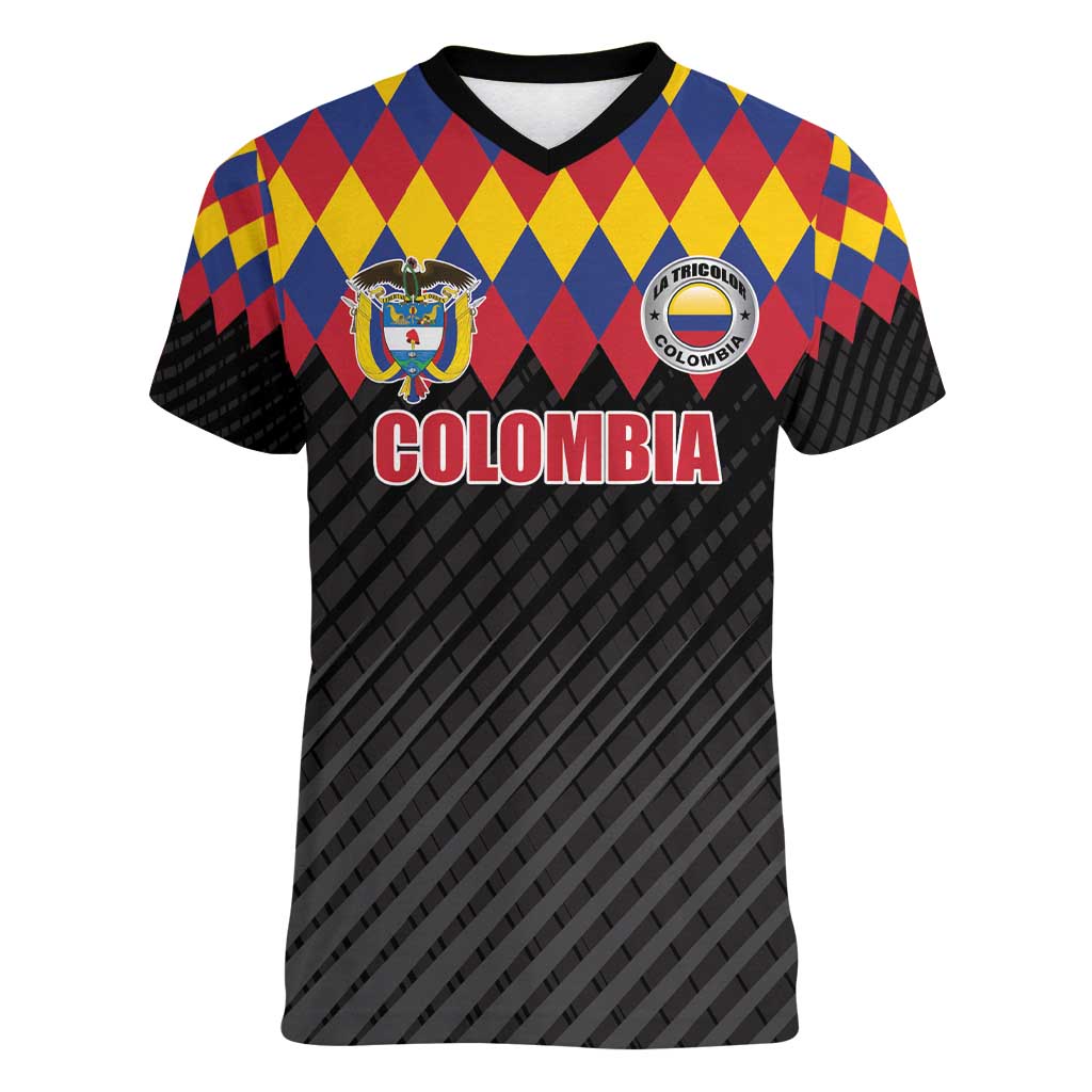Custom Colombia Football Women V-Neck T-Shirt Retro Black Style