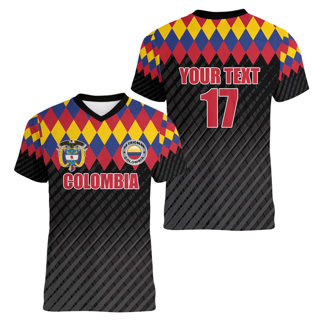 Custom Colombia Football Women V-Neck T-Shirt Retro Black Style