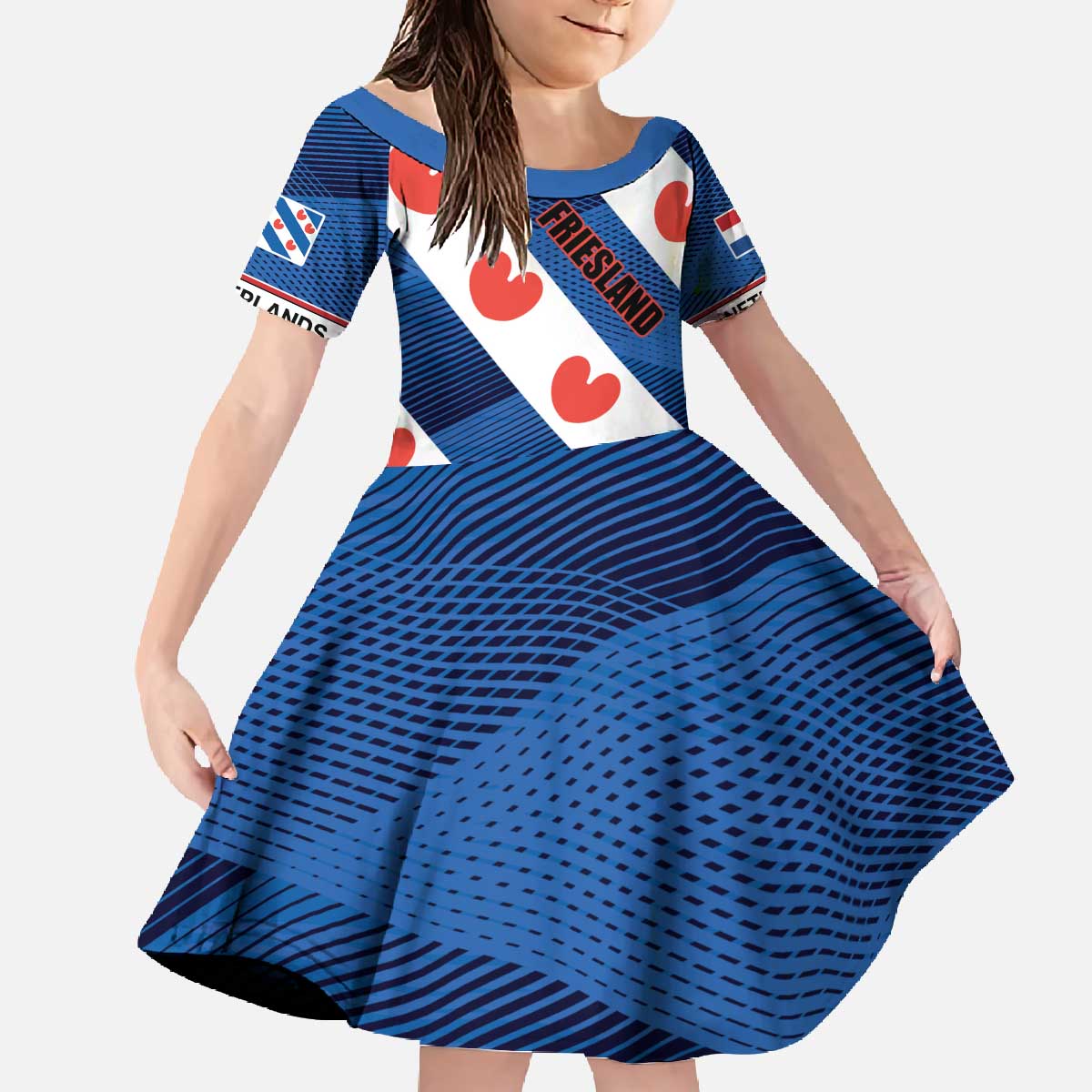 Netherlands Friesland Province Family Matching Off The Shoulder Long Sleeve Dress and Hawaiian Shirt Flag Style