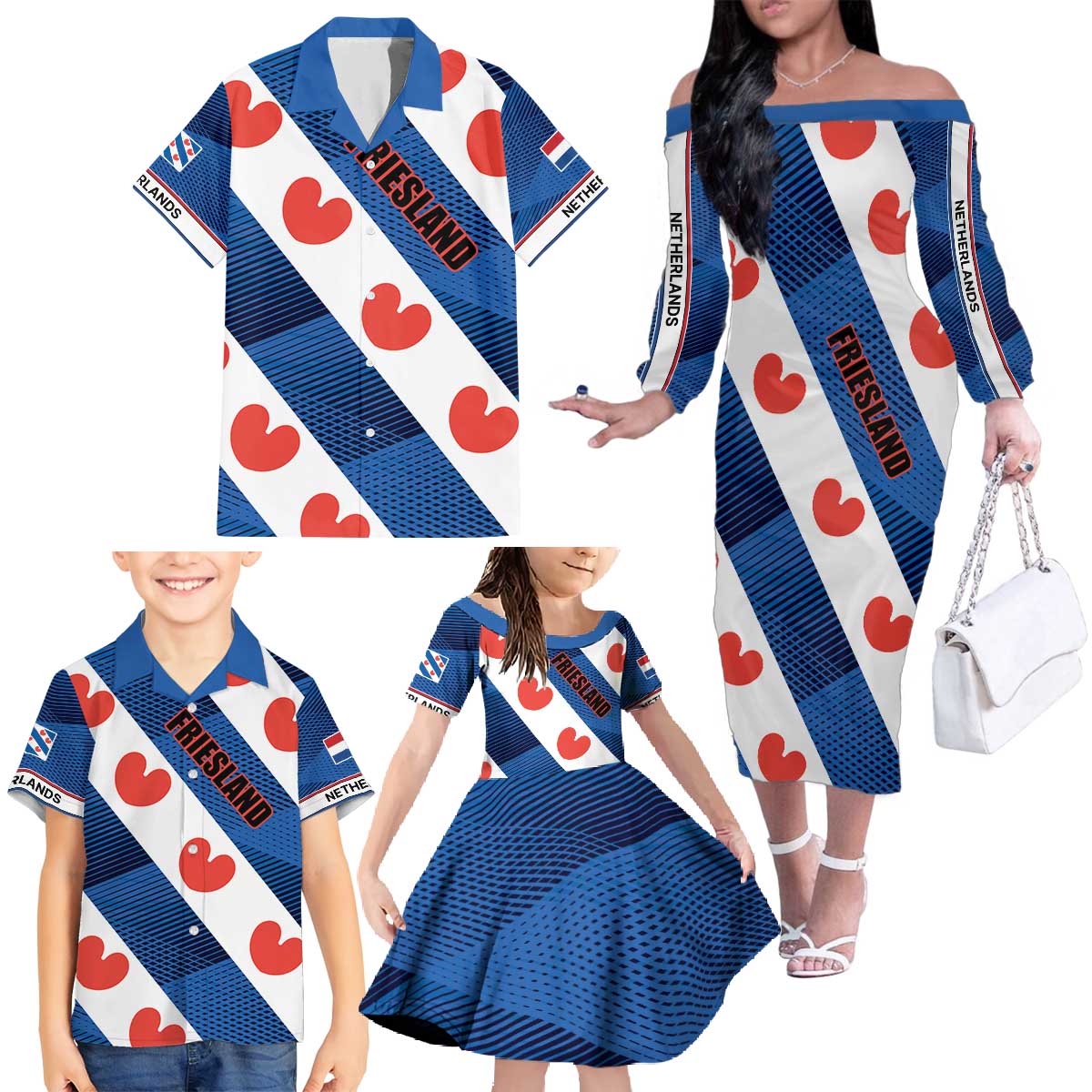 Netherlands Friesland Province Family Matching Off The Shoulder Long Sleeve Dress and Hawaiian Shirt Flag Style