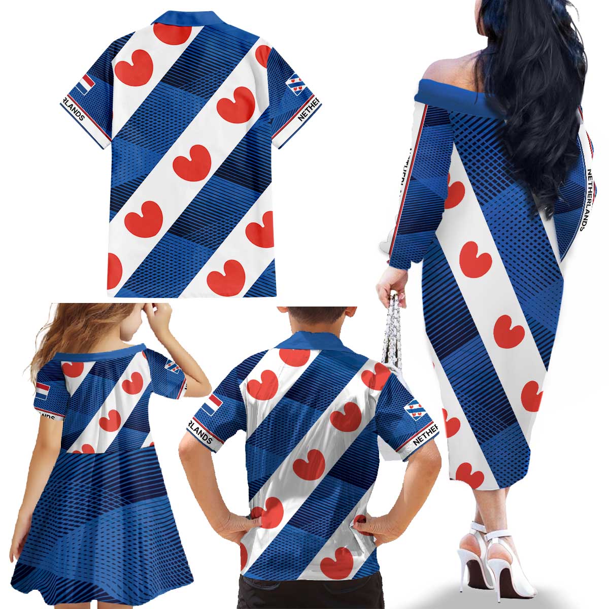 Netherlands Friesland Province Family Matching Off The Shoulder Long Sleeve Dress and Hawaiian Shirt Flag Style