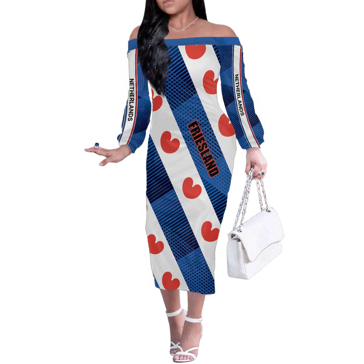 Netherlands Friesland Province Family Matching Off The Shoulder Long Sleeve Dress and Hawaiian Shirt Flag Style