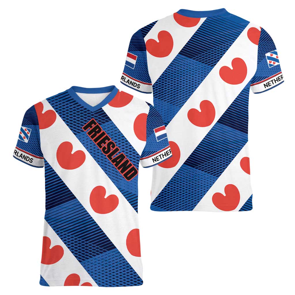Netherlands Friesland Province Women V-Neck T-Shirt Flag Style