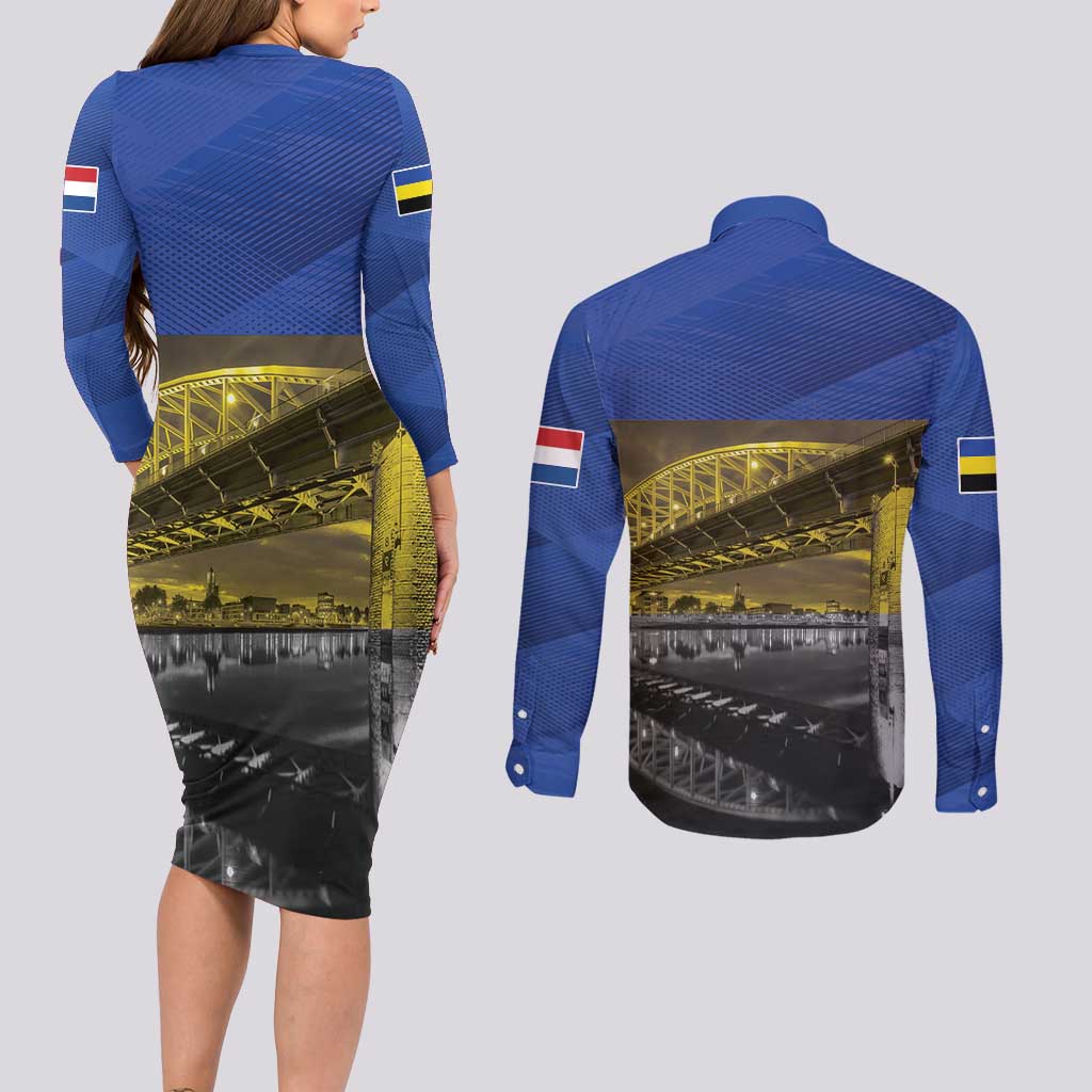 Netherlands Gelderland Province Couples Matching Long Sleeve Bodycon Dress and Long Sleeve Button Shirt Flag Style