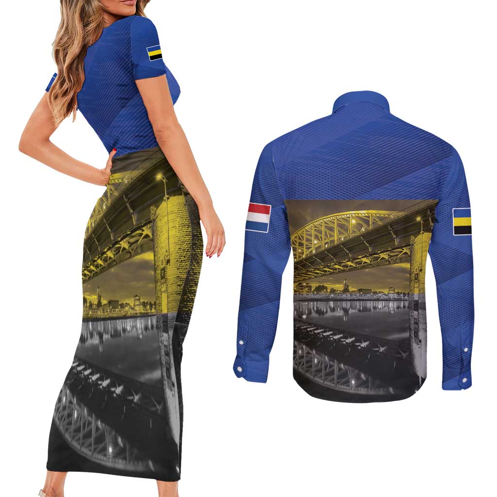Netherlands Gelderland Province Couples Matching Short Sleeve Bodycon Dress and Long Sleeve Button Shirt Flag Style