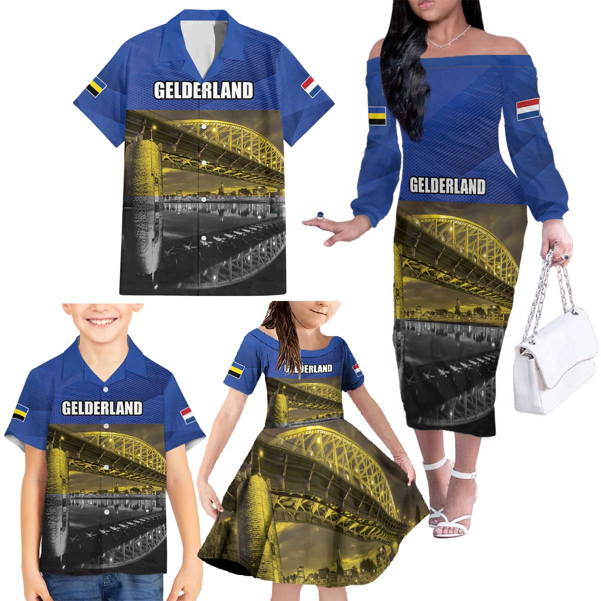 Netherlands Gelderland Province Family Matching Off The Shoulder Long Sleeve Dress and Hawaiian Shirt Flag Style