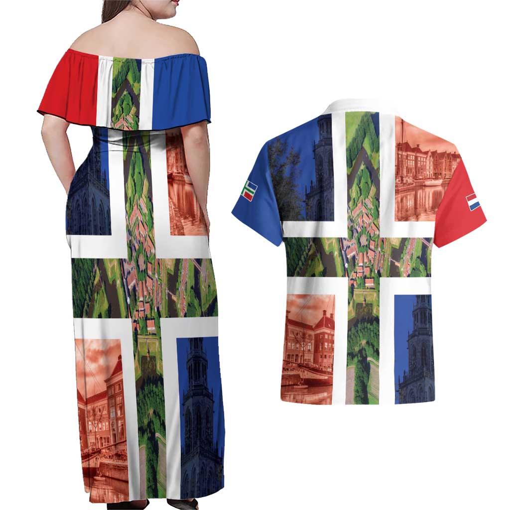 Netherlands Groningen Province Couples Matching Off Shoulder Maxi Dress and Hawaiian Shirt Flag Style