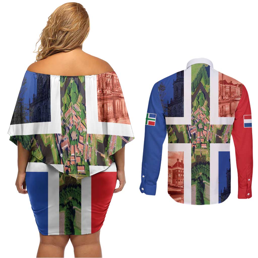 Netherlands Groningen Province Couples Matching Off Shoulder Short Dress and Long Sleeve Button Shirt Flag Style