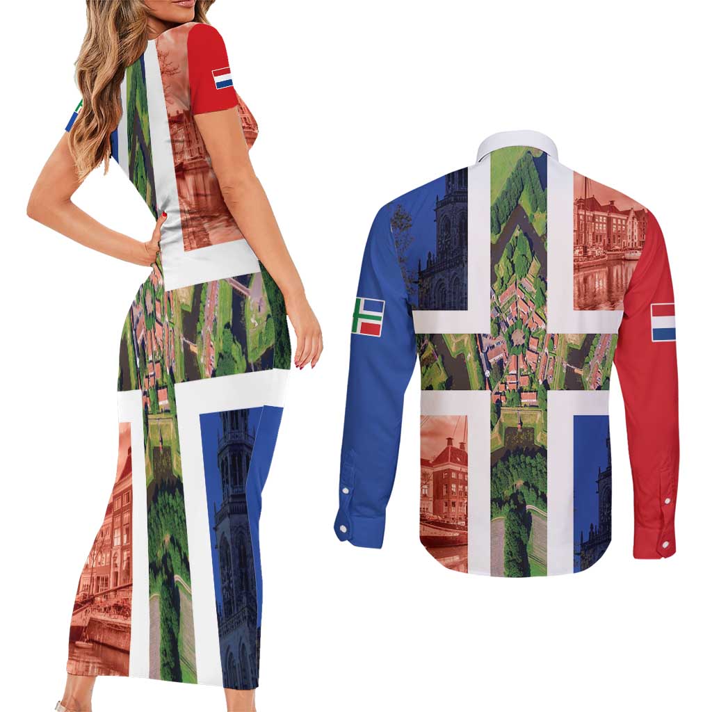 Netherlands Groningen Province Couples Matching Short Sleeve Bodycon Dress and Long Sleeve Button Shirt Flag Style