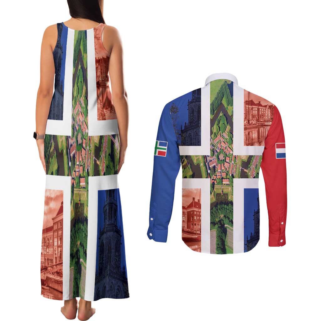 Netherlands Groningen Province Couples Matching Tank Maxi Dress and Long Sleeve Button Shirt Flag Style