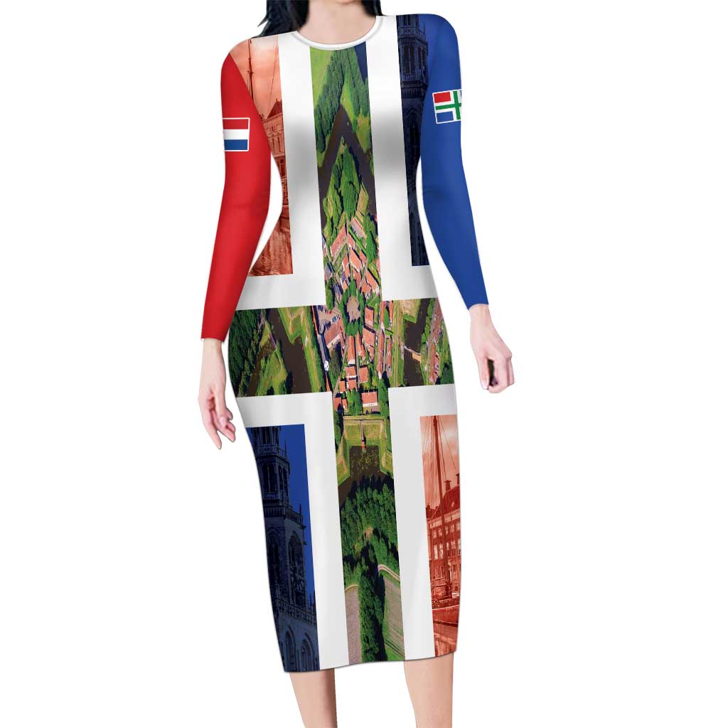 Netherlands Groningen Province Family Matching Long Sleeve Bodycon Dress and Hawaiian Shirt Flag Style