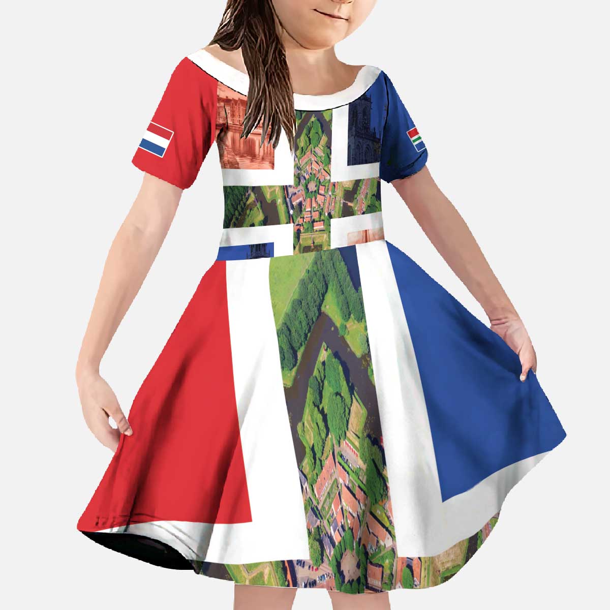 Netherlands Groningen Province Family Matching Off The Shoulder Long Sleeve Dress and Hawaiian Shirt Flag Style