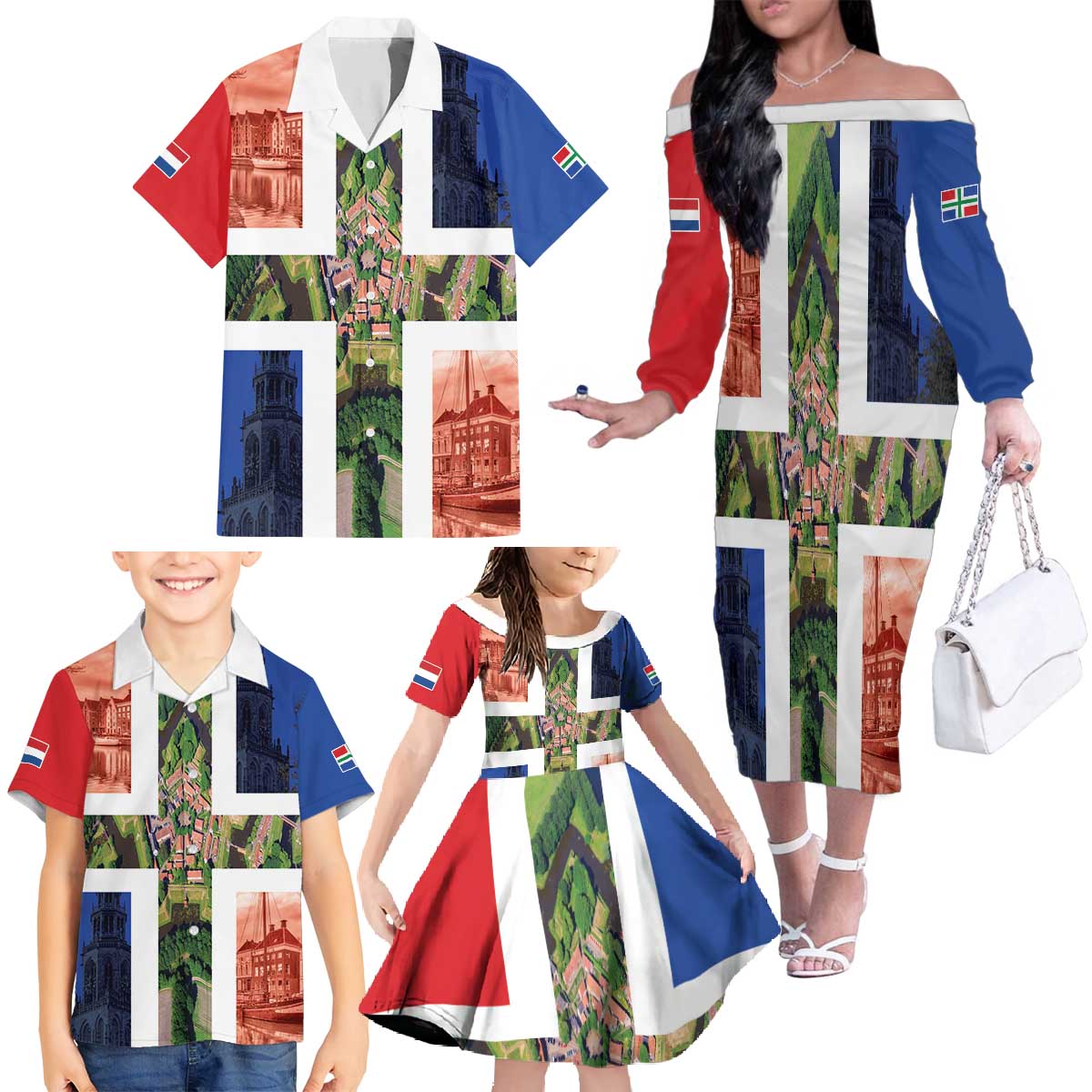 Netherlands Groningen Province Family Matching Off The Shoulder Long Sleeve Dress and Hawaiian Shirt Flag Style