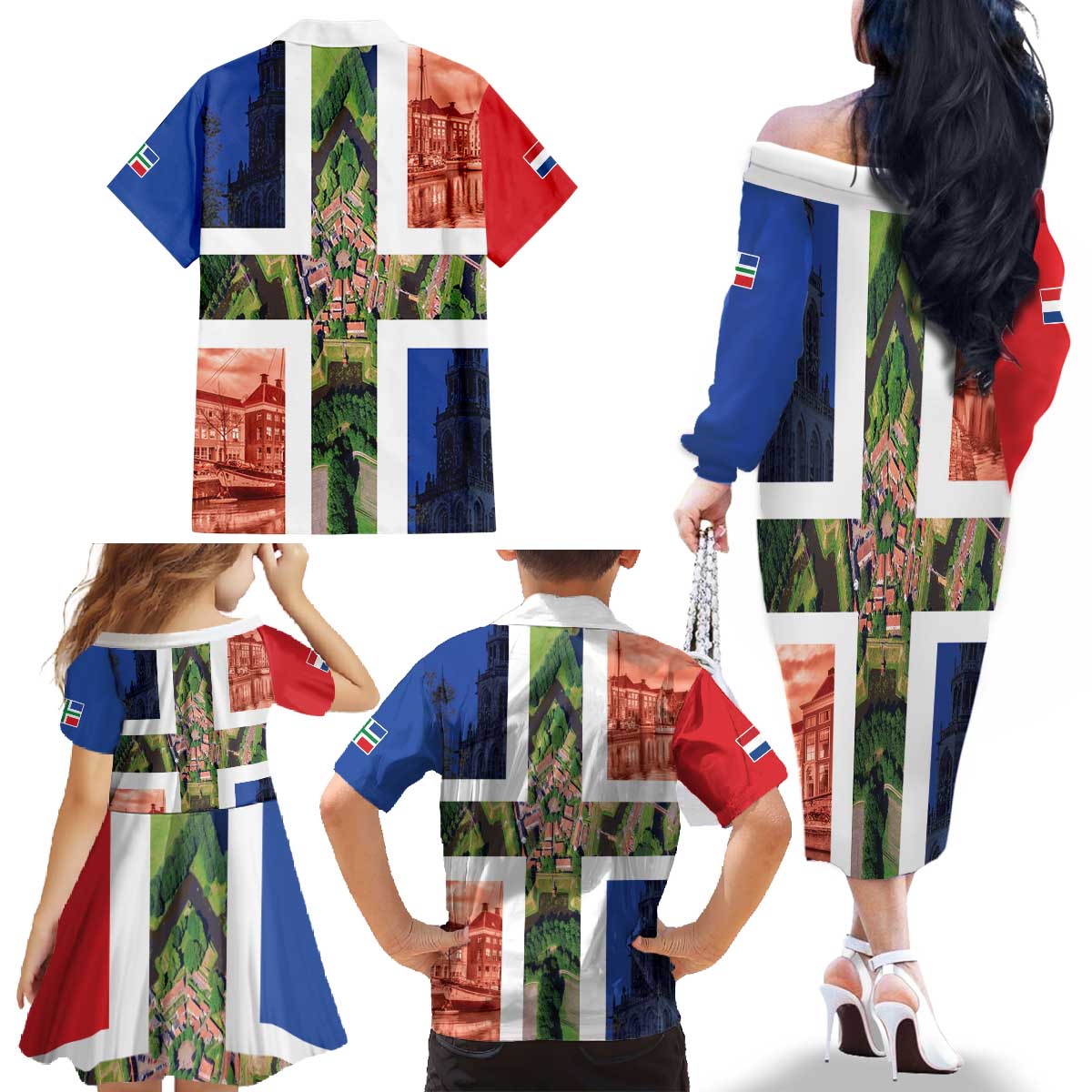 Netherlands Groningen Province Family Matching Off The Shoulder Long Sleeve Dress and Hawaiian Shirt Flag Style