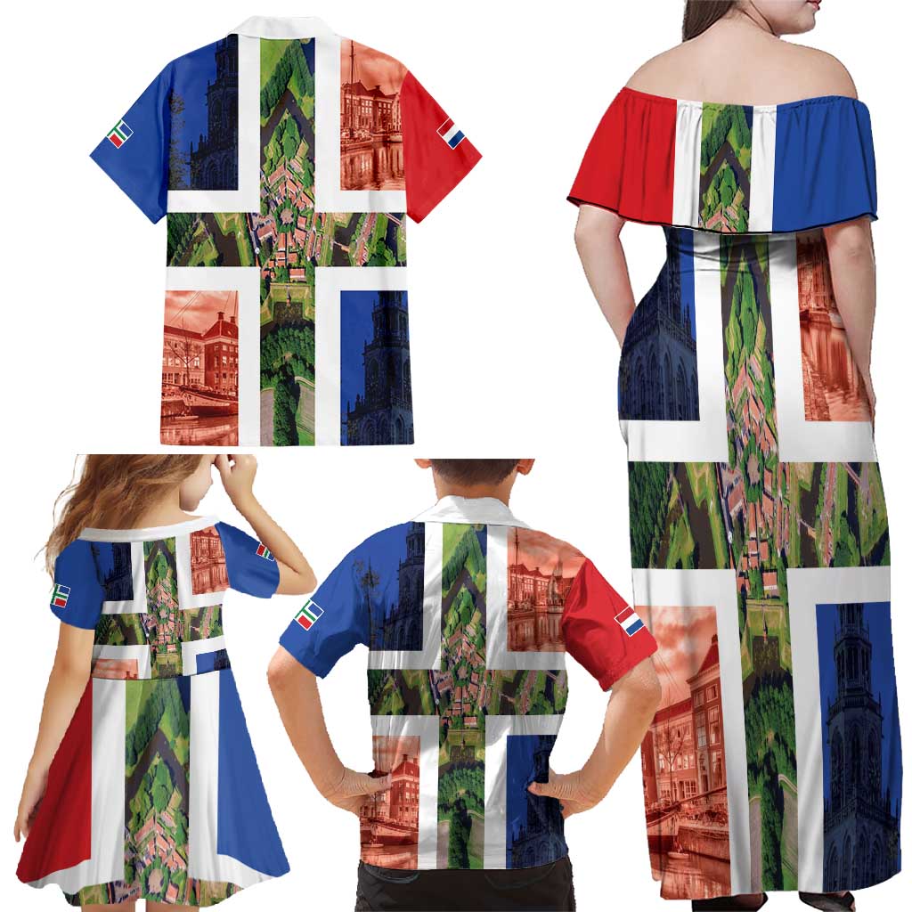 Netherlands Groningen Province Family Matching Off Shoulder Maxi Dress and Hawaiian Shirt Flag Style