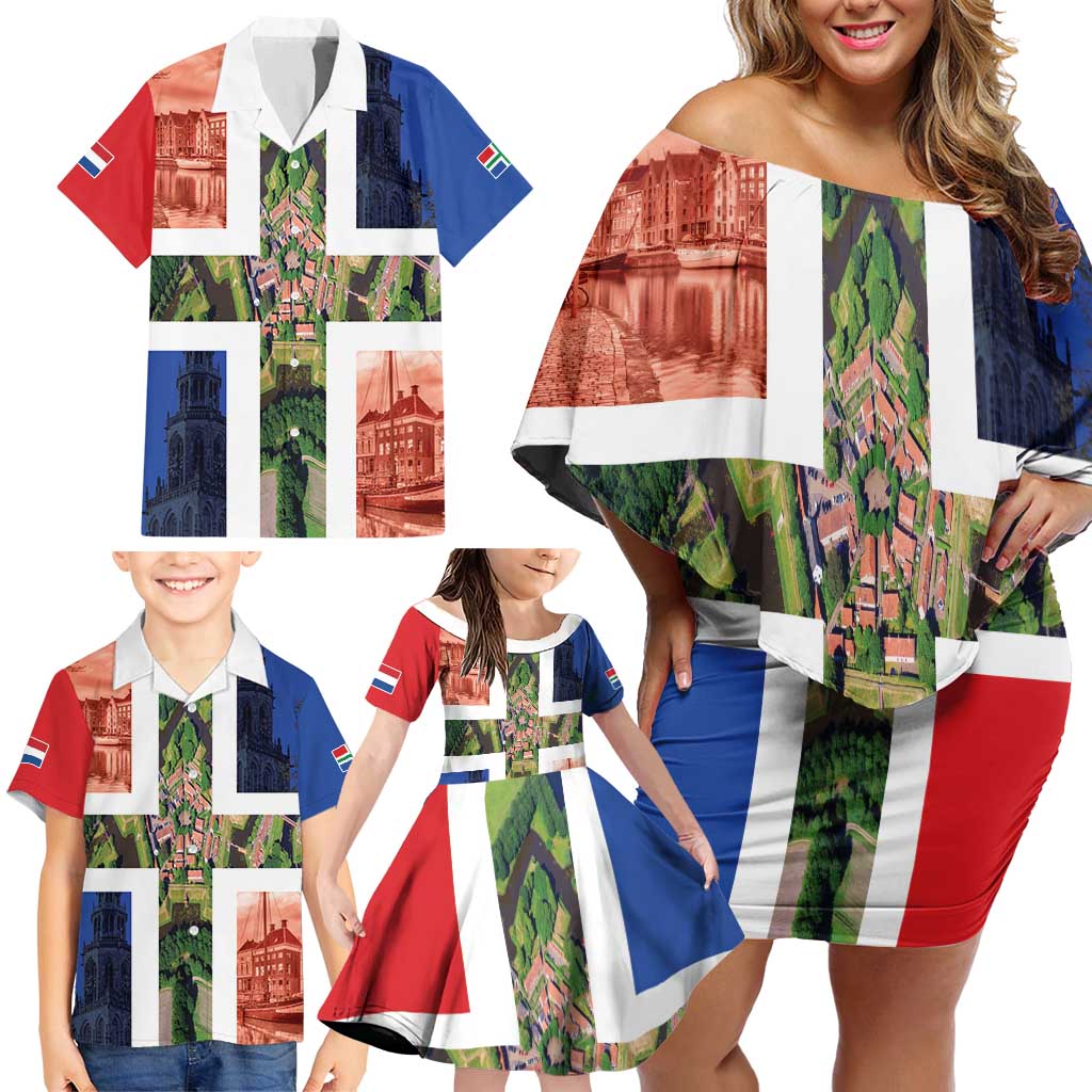 Netherlands Groningen Province Family Matching Off Shoulder Short Dress and Hawaiian Shirt Flag Style