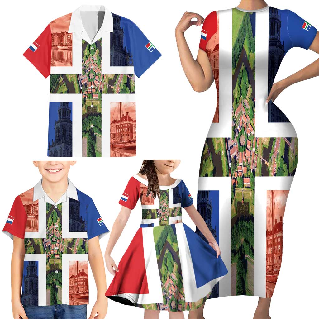 Netherlands Groningen Province Family Matching Short Sleeve Bodycon Dress and Hawaiian Shirt Flag Style