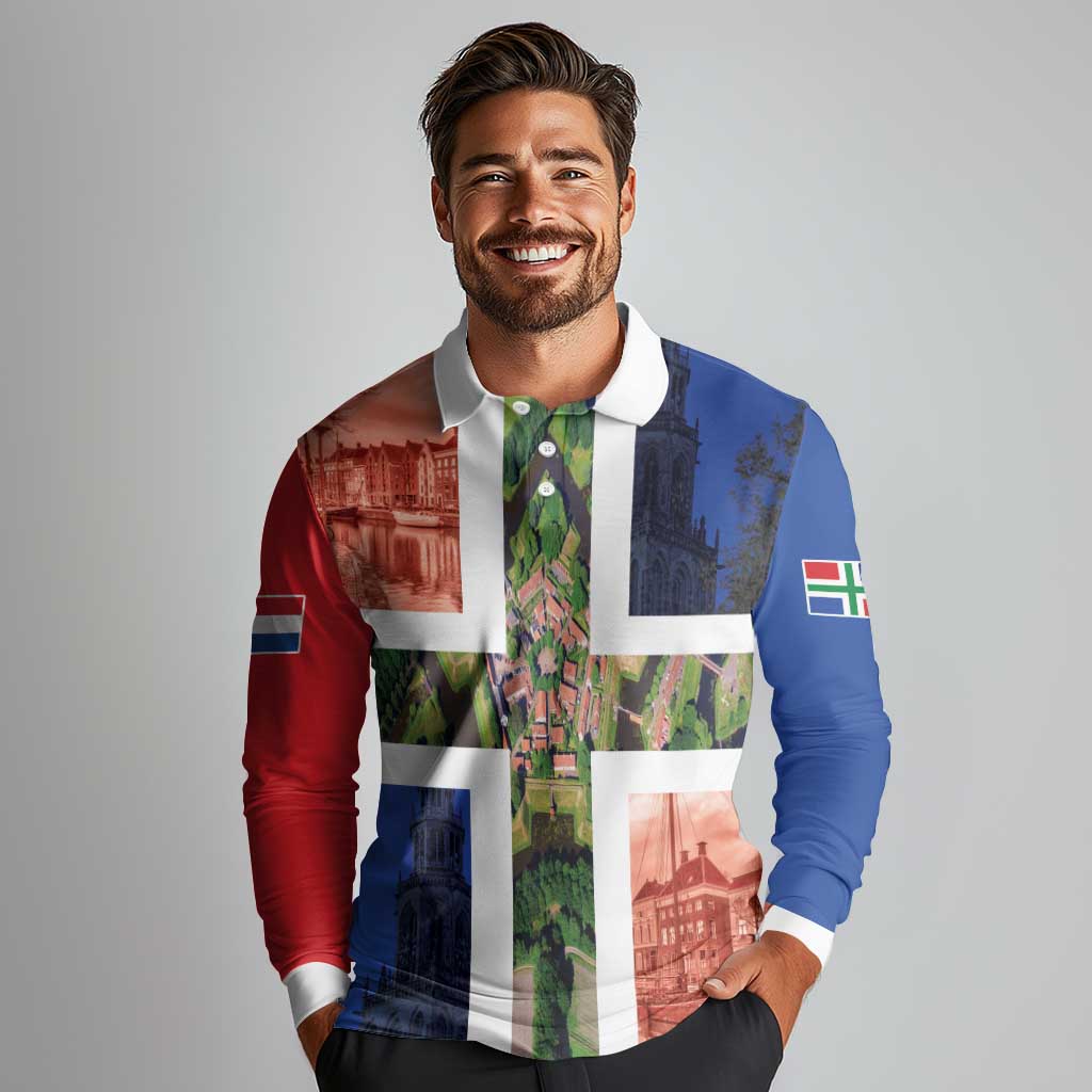 Netherlands Groningen Province Long Sleeve Polo Shirt Flag Style