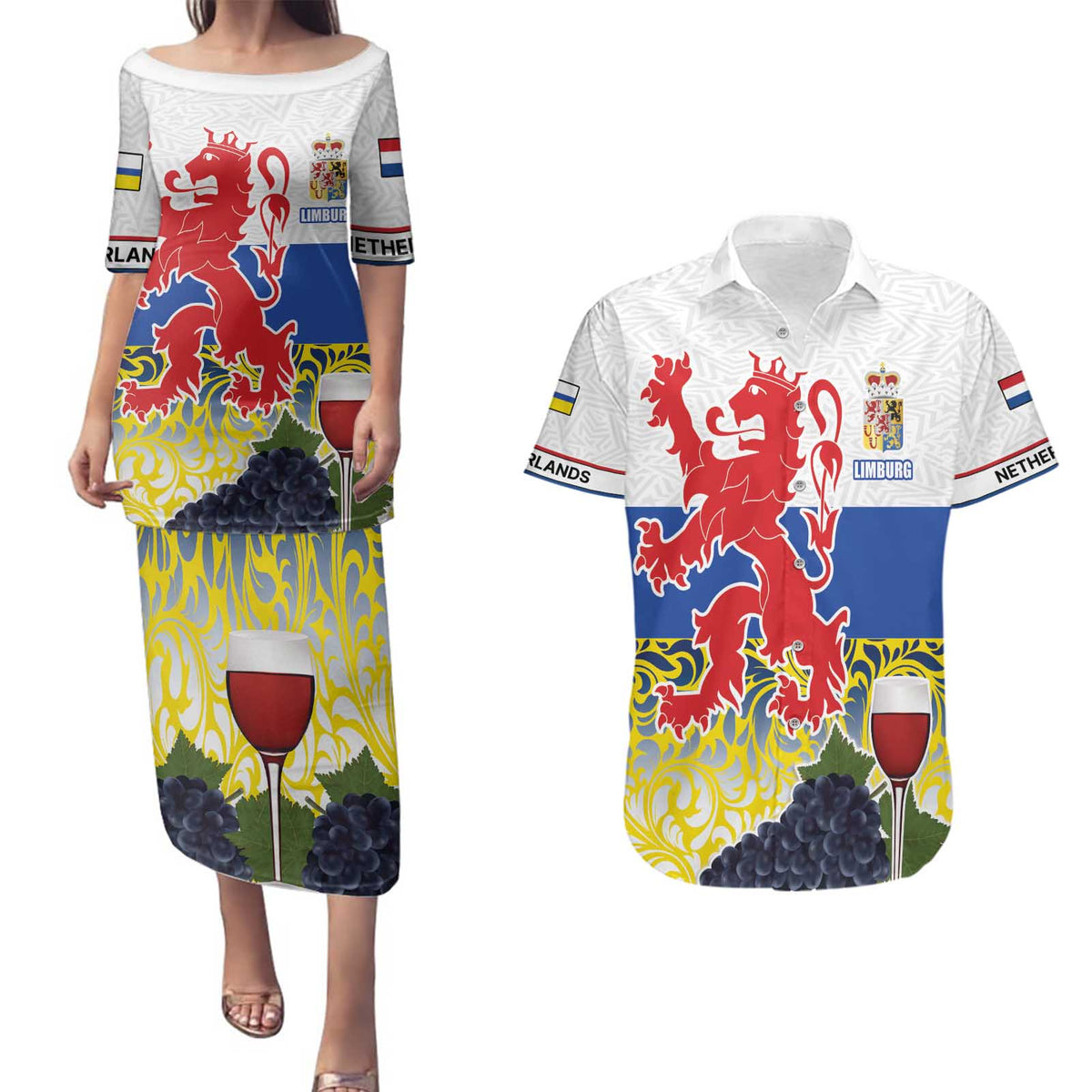 Netherlands Limburg Province Couples Matching Puletasi and Hawaiian Shirt Flag Style