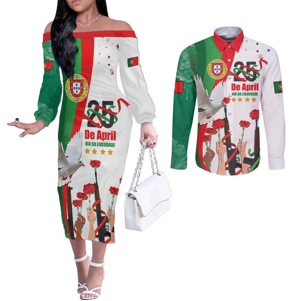 Portugal Carnation Revolution Couples Matching Off The Shoulder Long Sleeve Dress and Long Sleeve Button Shirt Dia Da Liberdade 25 De April