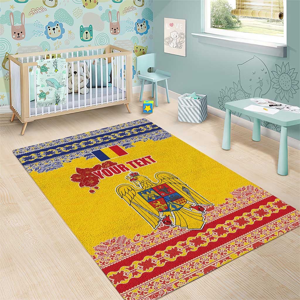 Personalized Vintage Romania Coat of Arms Area Rug Golden Eagle with Romanian Peony