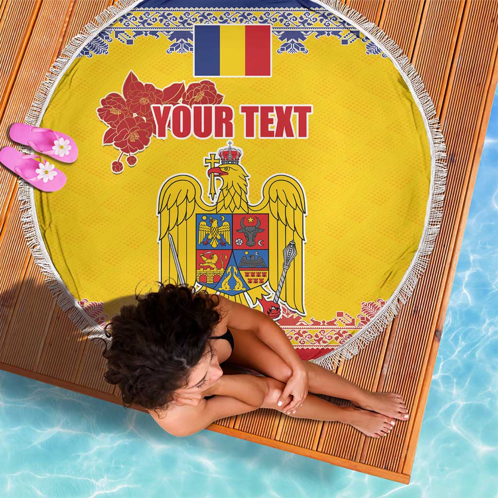 Personalized Vintage Romania Coat of Arms Beach Blanket Golden Eagle with Romanian Peony