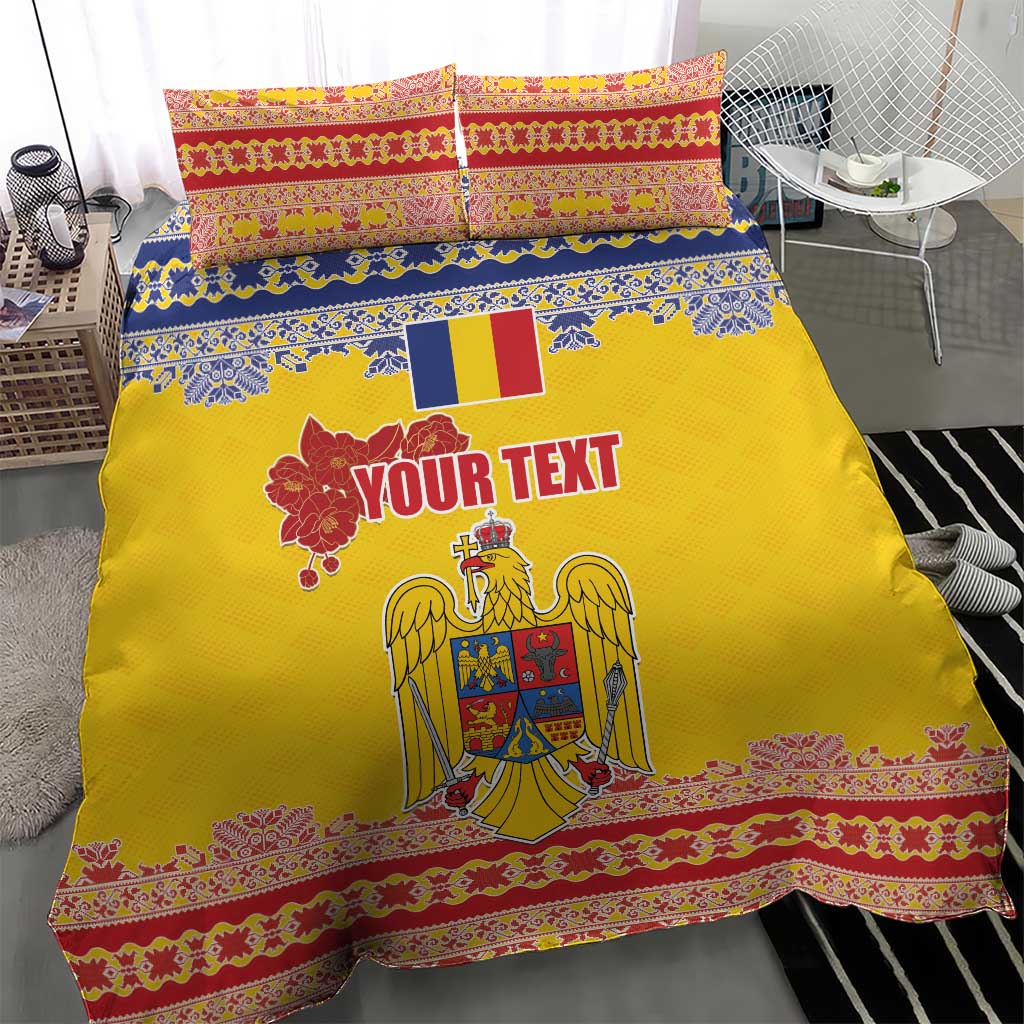 Personalized Vintage Romania Coat of Arms Bedding Set Golden Eagle with Romanian Peony