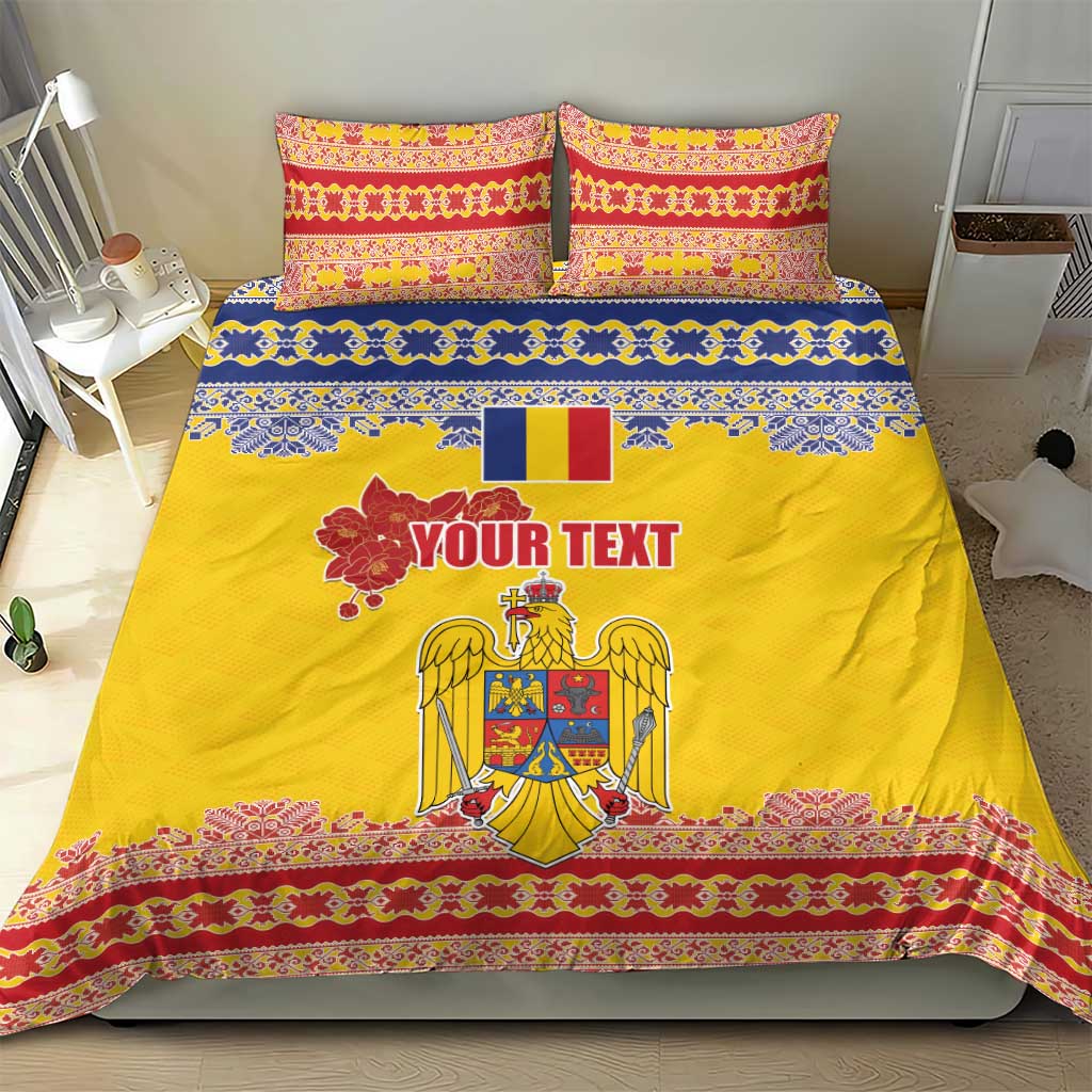 Personalized Vintage Romania Coat of Arms Bedding Set Golden Eagle with Romanian Peony