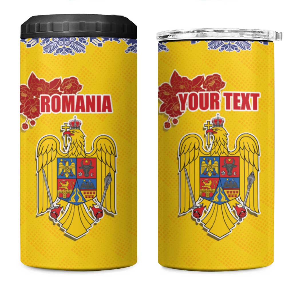 Personalized Vintage Romania Coat of Arms 4 in 1 Can Cooler Tumbler Golden Eagle with Romanian Peony