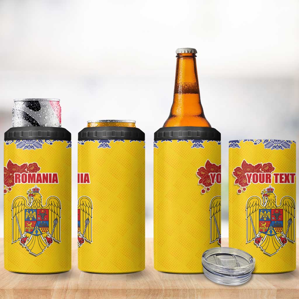 Personalized Vintage Romania Coat of Arms 4 in 1 Can Cooler Tumbler Golden Eagle with Romanian Peony