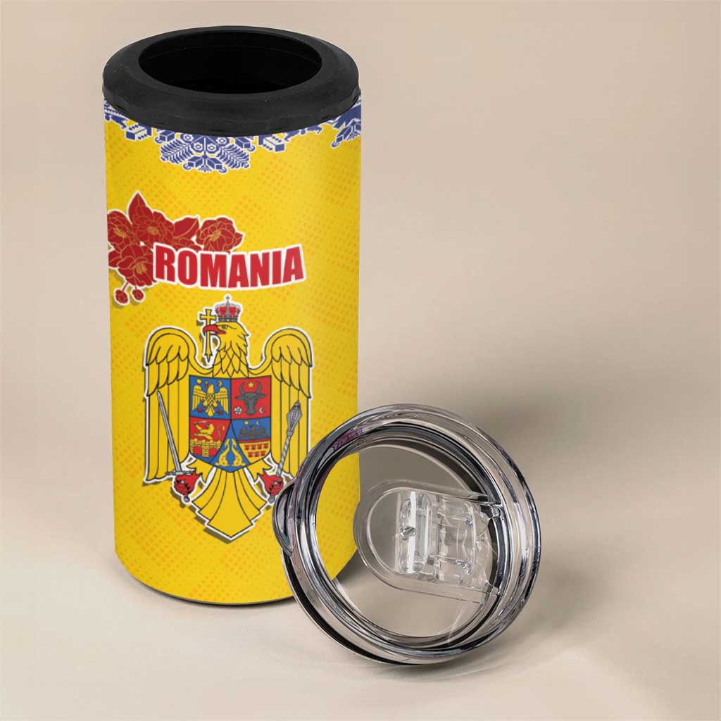 Personalized Vintage Romania Coat of Arms 4 in 1 Can Cooler Tumbler Golden Eagle with Romanian Peony
