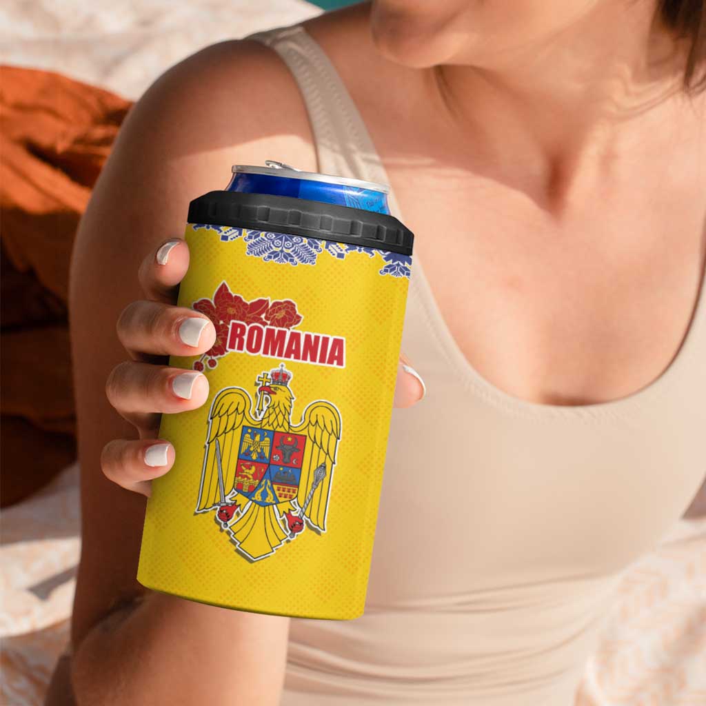 Personalized Vintage Romania Coat of Arms 4 in 1 Can Cooler Tumbler Golden Eagle with Romanian Peony