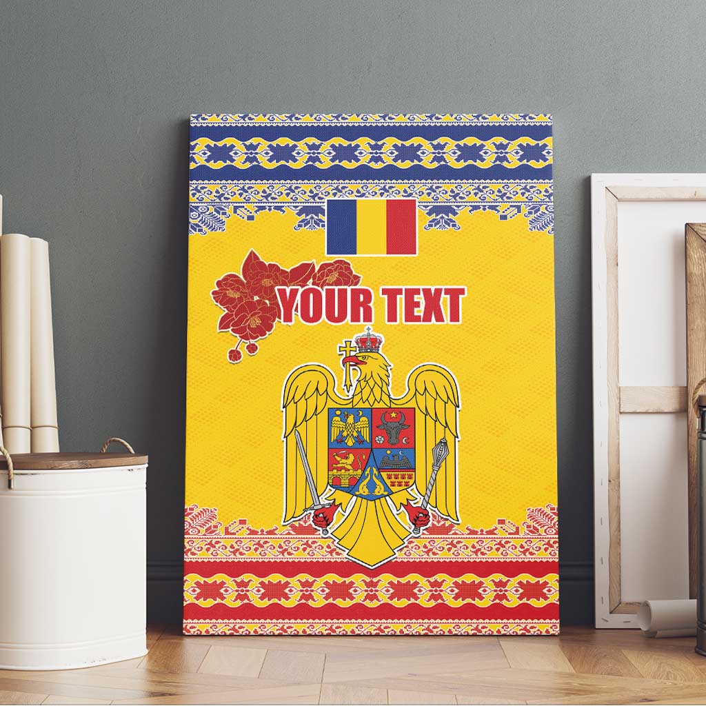 Personalized Vintage Romania Coat of Arms Canvas Wall Art Golden Eagle with Romanian Peony