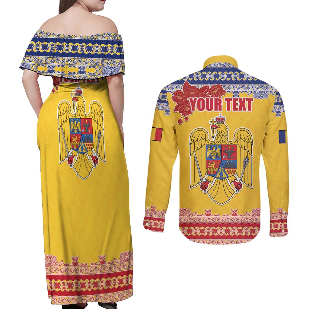 Personalized Vintage Romania Coat of Arms Couples Matching Off Shoulder Maxi Dress and Long Sleeve Button Shirt Golden Eagle with Romanian Peony