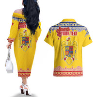 Personalized Vintage Romania Coat of Arms Couples Matching Off The Shoulder Long Sleeve Dress and Hawaiian Shirt Golden Eagle with Romanian Peony