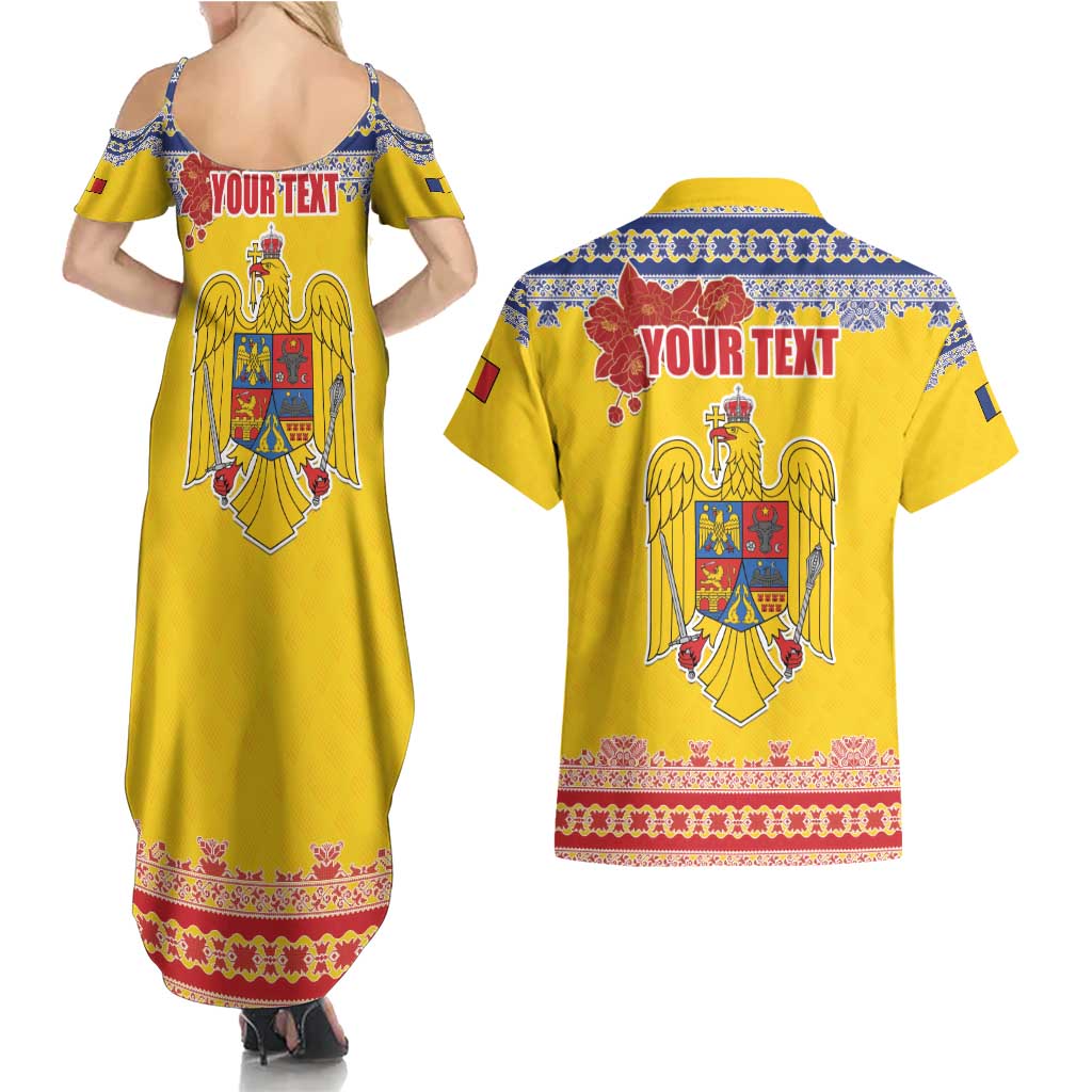 Personalized Vintage Romania Coat of Arms Couples Matching Summer Maxi Dress and Hawaiian Shirt Golden Eagle with Romanian Peony
