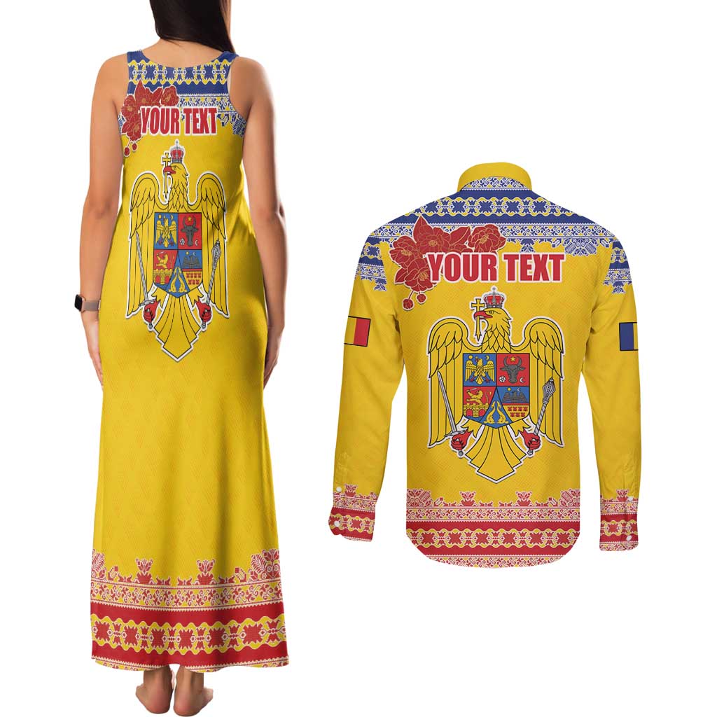 Personalized Vintage Romania Coat of Arms Couples Matching Tank Maxi Dress and Long Sleeve Button Shirt Golden Eagle with Romanian Peony