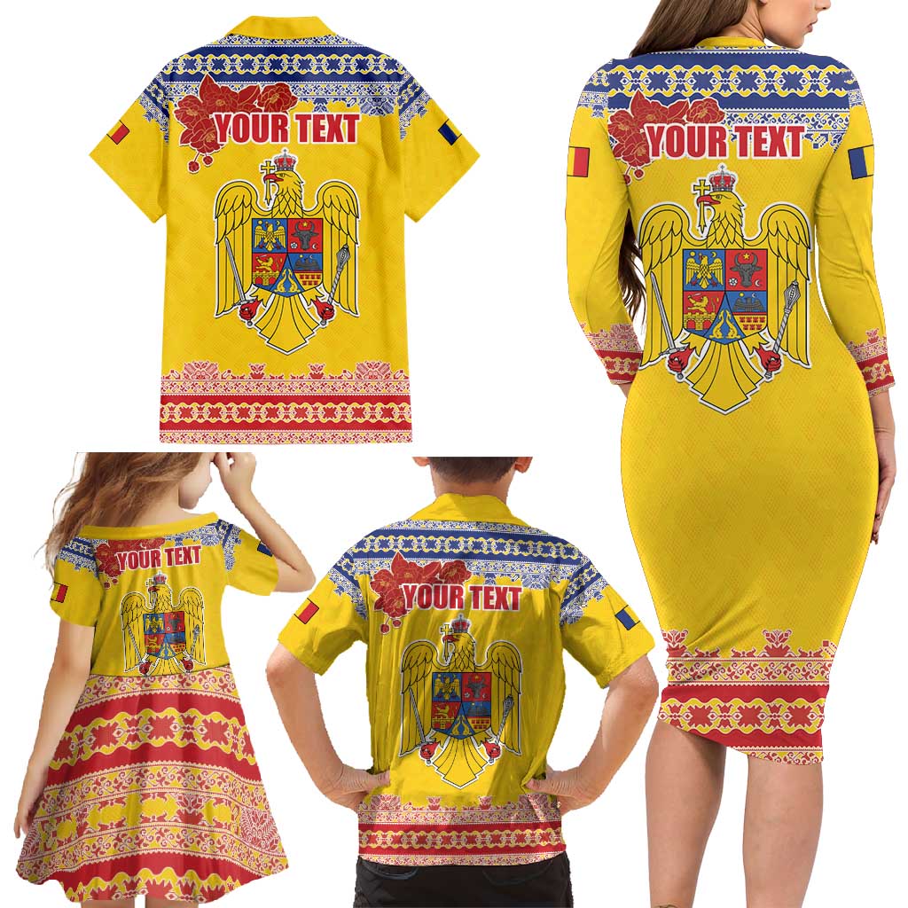 Personalized Vintage Romania Coat of Arms Family Matching Long Sleeve Bodycon Dress and Hawaiian Shirt Golden Eagle with Romanian Peony