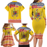 Personalized Vintage Romania Coat of Arms Family Matching Long Sleeve Bodycon Dress and Hawaiian Shirt Golden Eagle with Romanian Peony