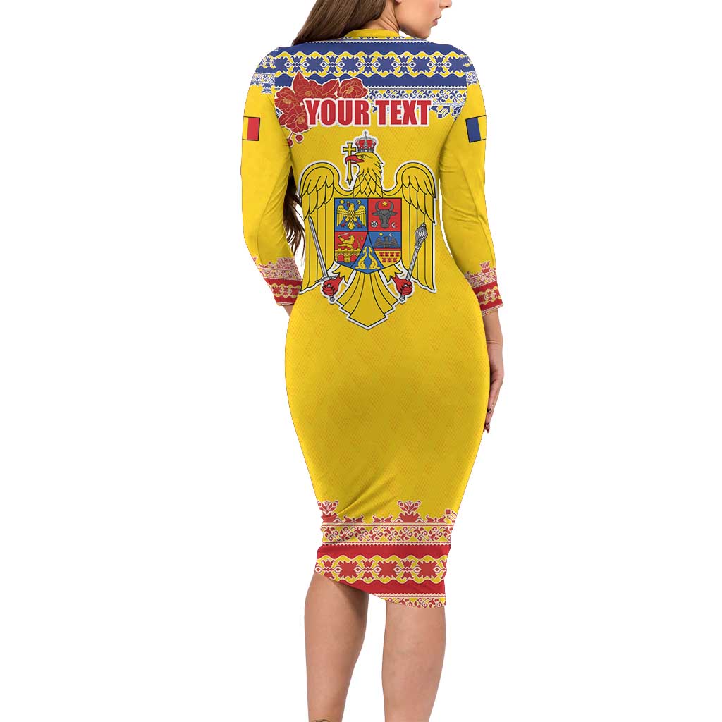 Personalized Vintage Romania Coat of Arms Family Matching Long Sleeve Bodycon Dress and Hawaiian Shirt Golden Eagle with Romanian Peony