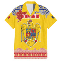 Personalized Vintage Romania Coat of Arms Family Matching Off The Shoulder Long Sleeve Dress and Hawaiian Shirt Golden Eagle with Romanian Peony